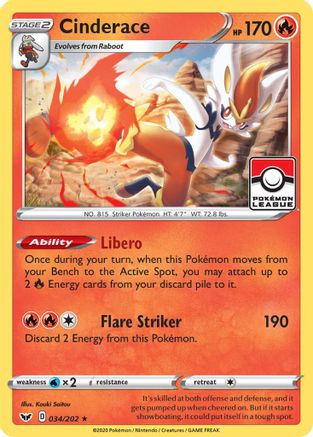 Cinderace 034/202  - Reverse Holofoil League & Championship Cards - Promo