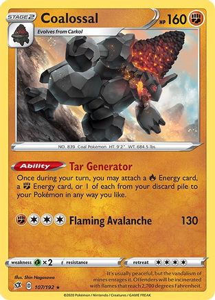 Coalossal 107/192  - Reverse Holofoil SWSH02 Rebel Clash - Holo Rare