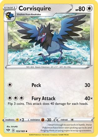 Corvisquire 155/189  - Reverse Holofoil SWSH03 Darkness Ablaze - Uncommon