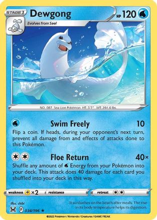 Dewgong 034/196  - Reverse Holofoil SWSH11 Lost Origin - Rare